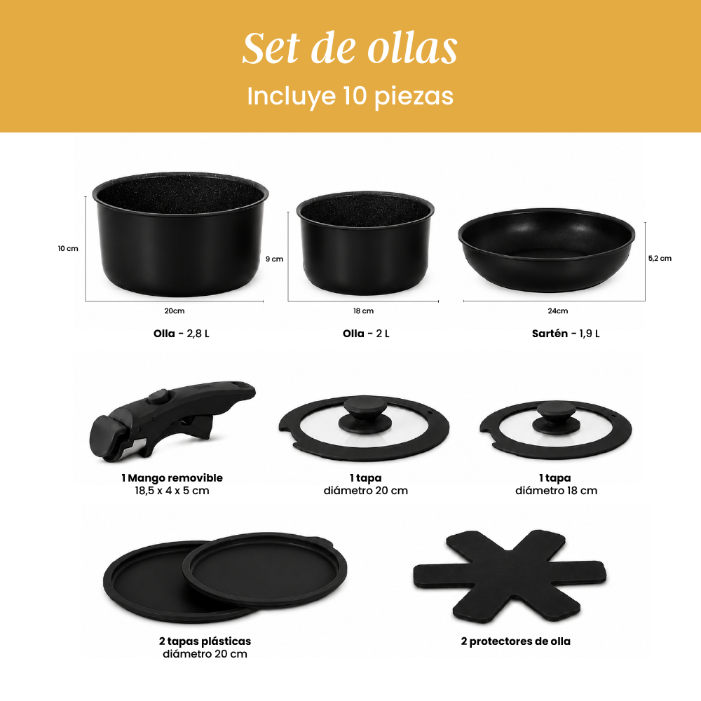 Set de Ollas Apilables Fit 10 Piezas – Antiadherente Cerámico, Mango Removible e Inducción | Color Negro