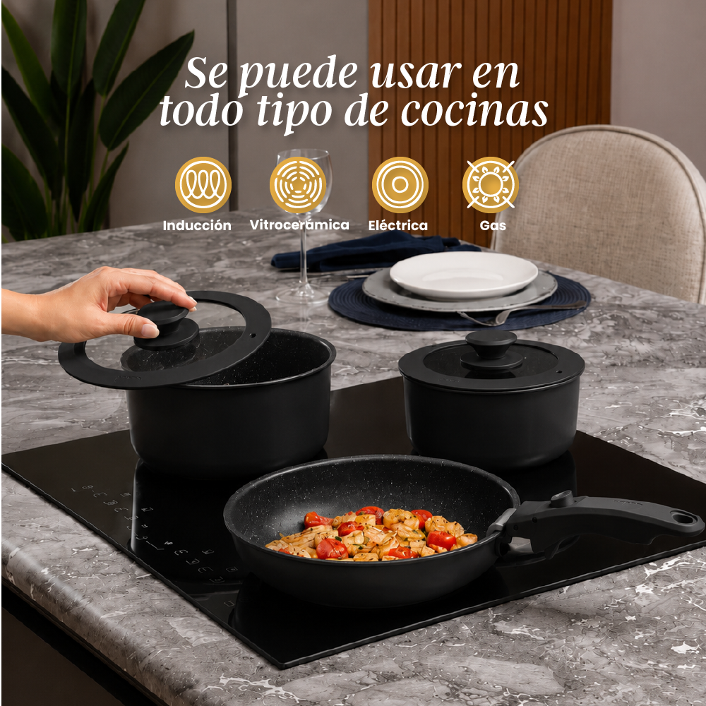 Set de Ollas Apilables Fit 10 Piezas – Antiadherente Cerámico, Mango Removible e Inducción | Color Negro