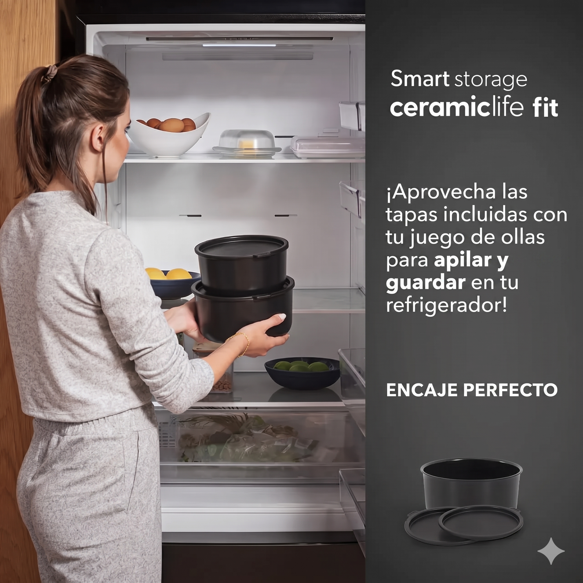 Set de Ollas Apilables Fit 10 Piezas – Antiadherente Cerámico, Mango Removible e Inducción | Color Negro