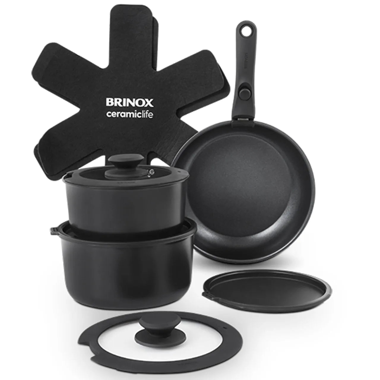 Set de Ollas Apilables Fit 10 Piezas – Antiadherente Cerámico, Mango Removible e Inducción | Color Negro
