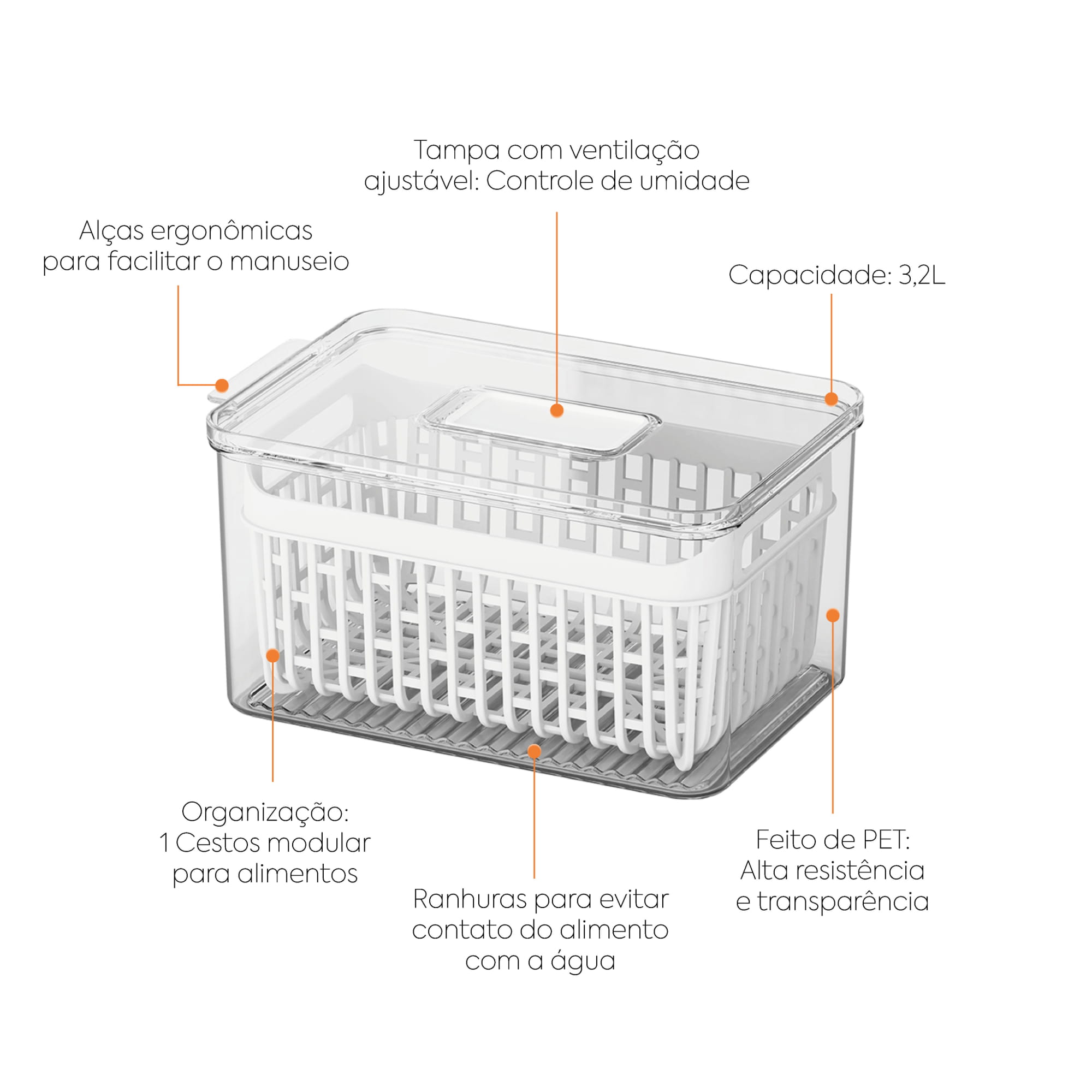 Organizador de Refrigerador con Cesta 3,2 Litros Dry Cristal Coza®