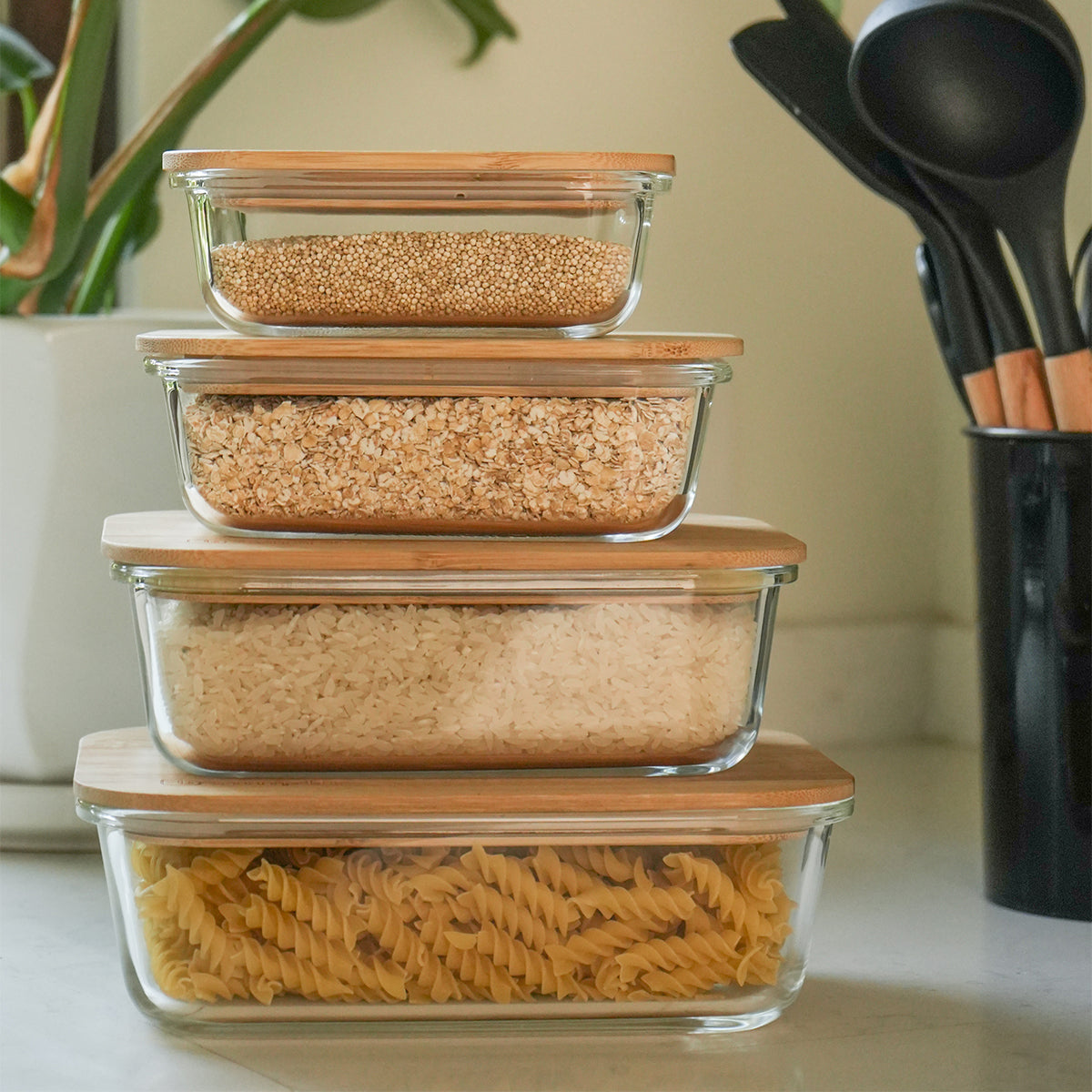 Set 4 Tupper de Vidrio Herméticos Tapa Bamboo Simplit