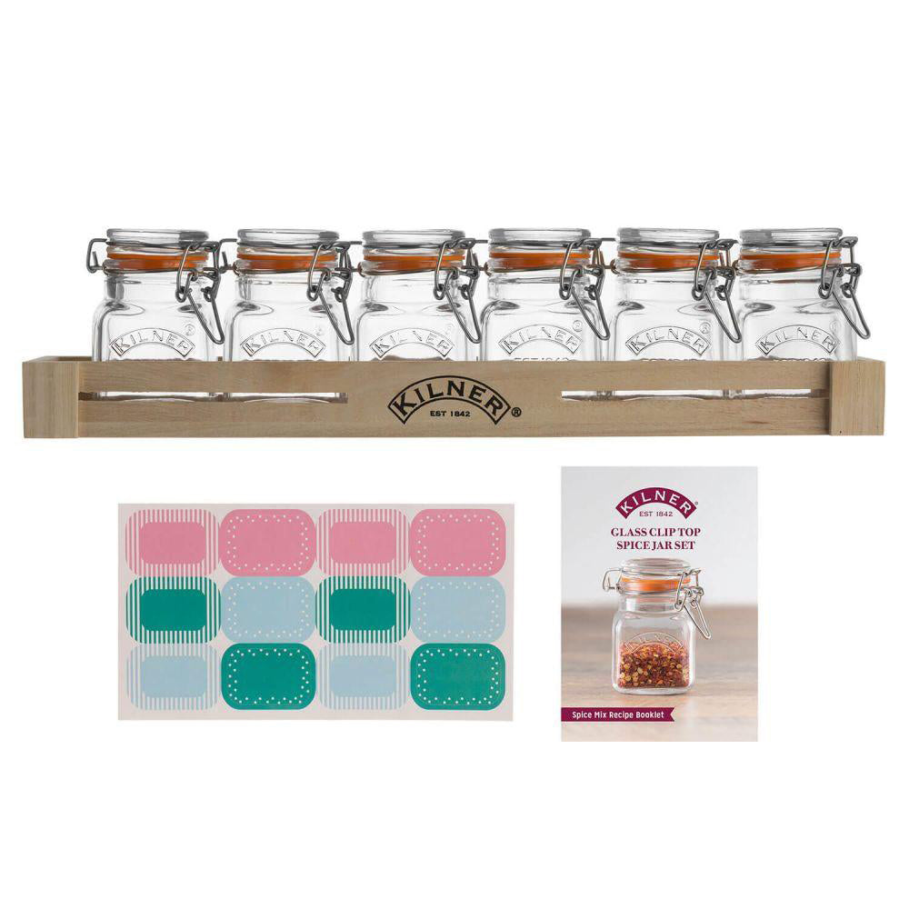 Set 6 Frascos Cuadrados para Especias 70ml con Base de Madera Kilner®