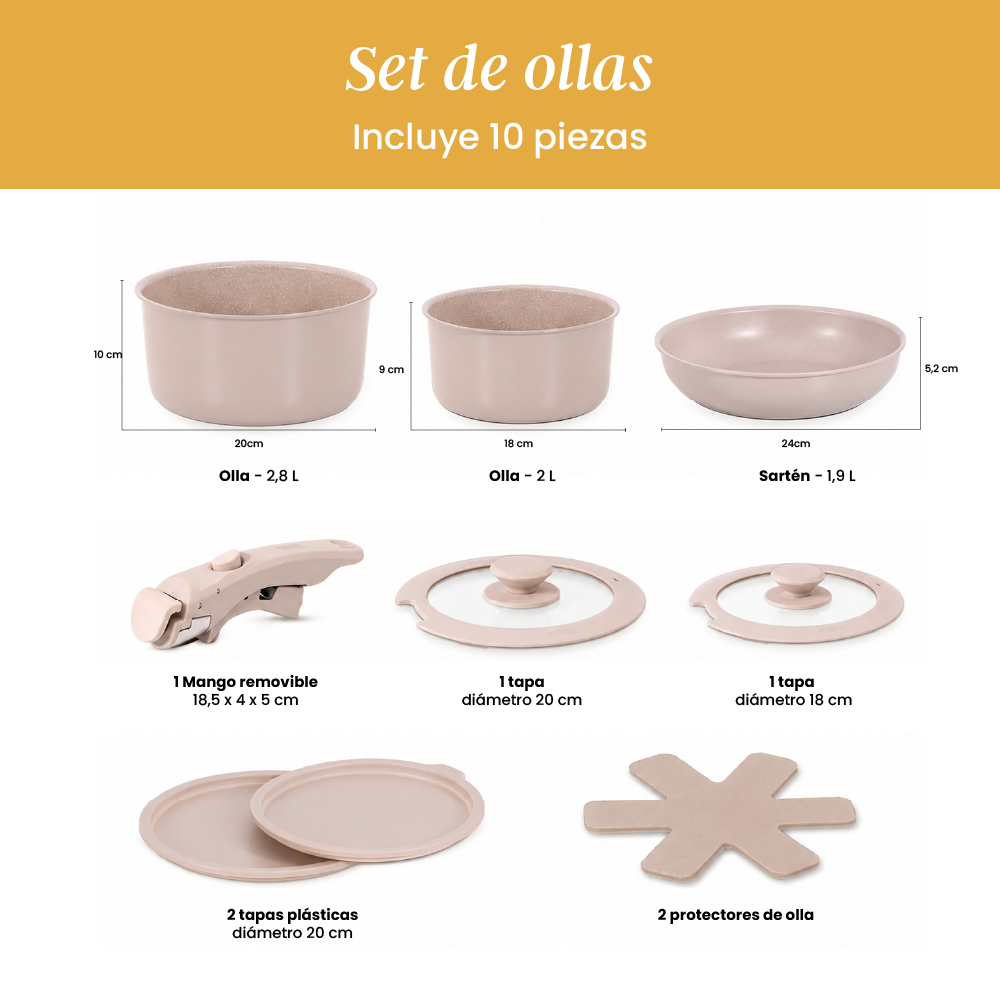 Set de Ollas Apilables Fit 10 Piezas – Antiadherente Cerámico, Mango Removible e Inducción | Color Arena