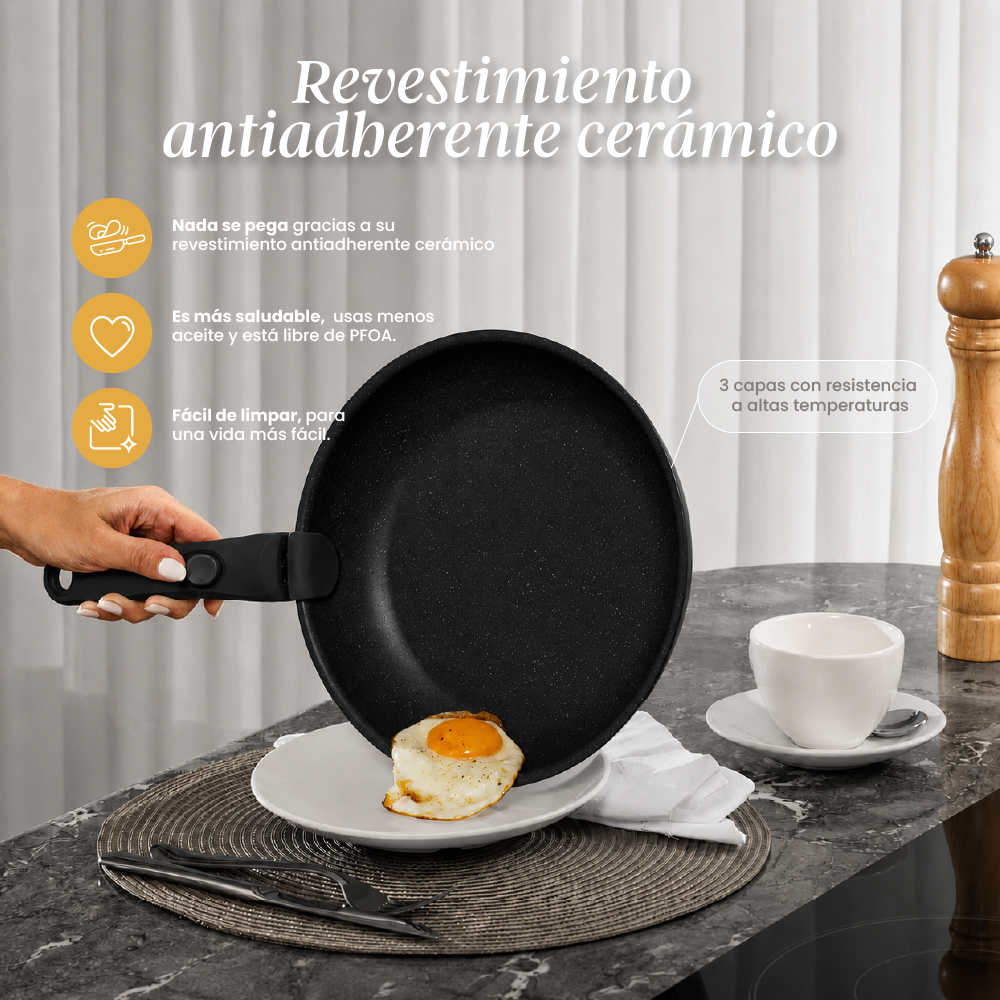 Set de Ollas Apilables Fit 10 Piezas – Antiadherente Cerámico, Mango Removible e Inducción | Color Negro