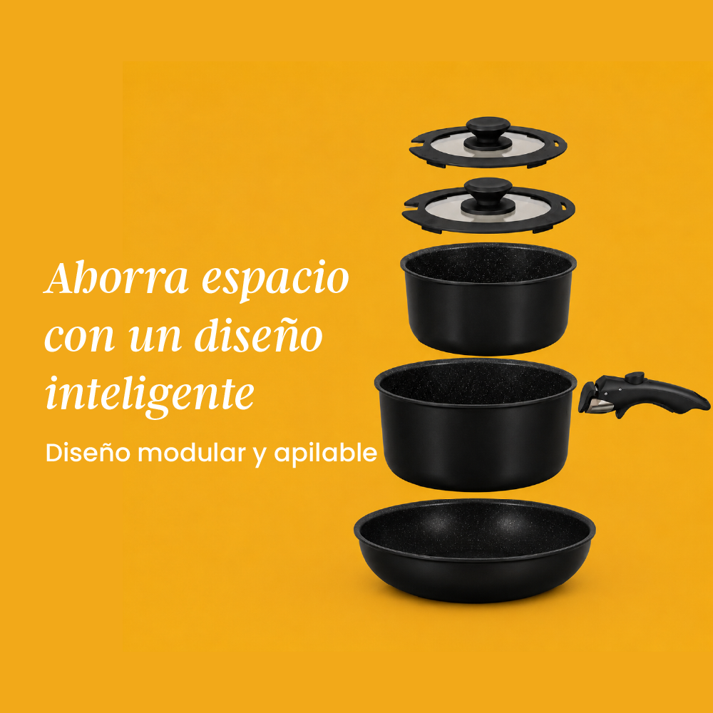 Set de Ollas Apilables Fit 10 Piezas – Antiadherente Cerámico, Mango Removible e Inducción | Color Negro