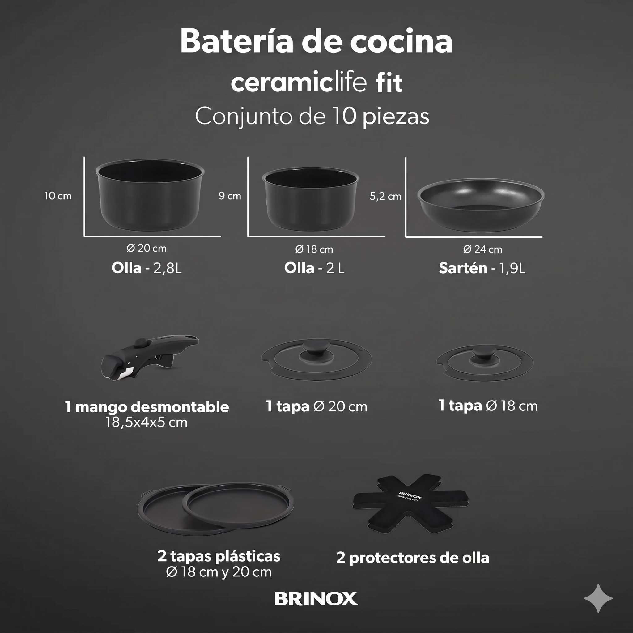 Set de Ollas Apilables Fit 10 Piezas – Antiadherente Cerámico, Mango Removible e Inducción | Color Negro