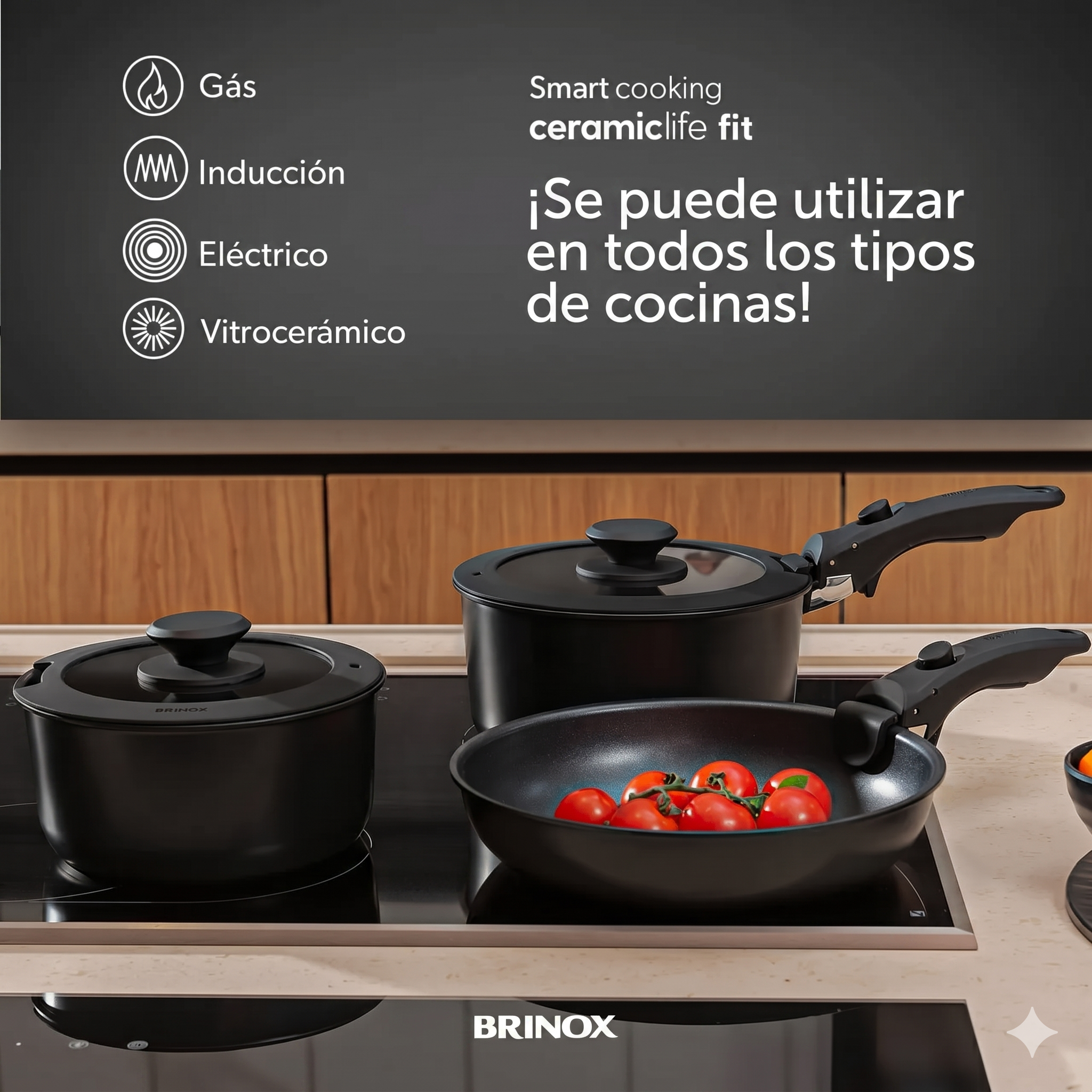 Set de Ollas Apilables Fit 10 Piezas – Antiadherente Cerámico, Mango Removible e Inducción | Color Negro