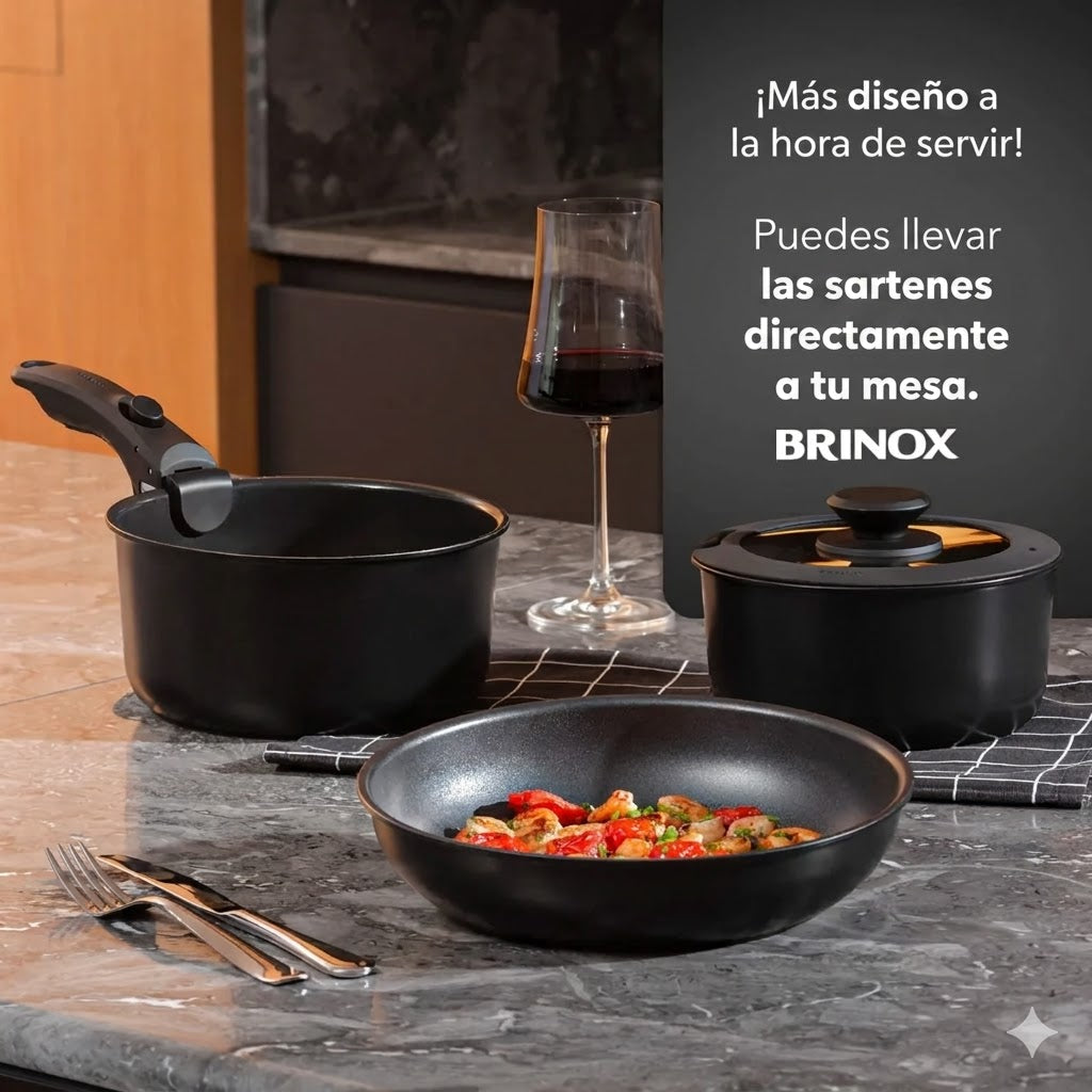 Set de Ollas Apilables Fit 10 Piezas – Antiadherente Cerámico, Mango Removible e Inducción | Color Negro