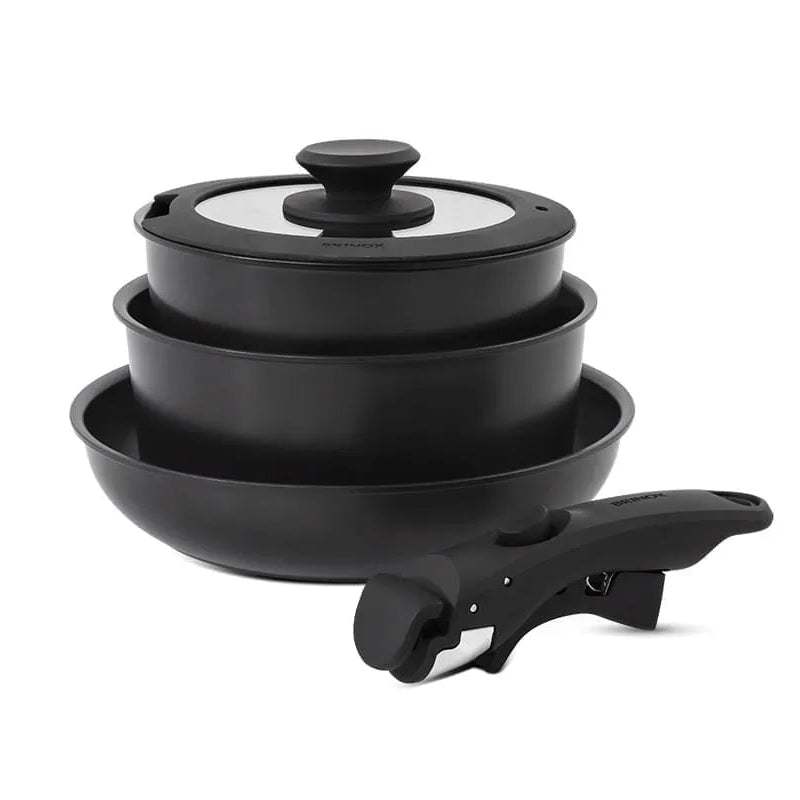 Set de Ollas Apilables Fit 10 Piezas – Antiadherente Cerámico, Mango Removible e Inducción | Color Negro