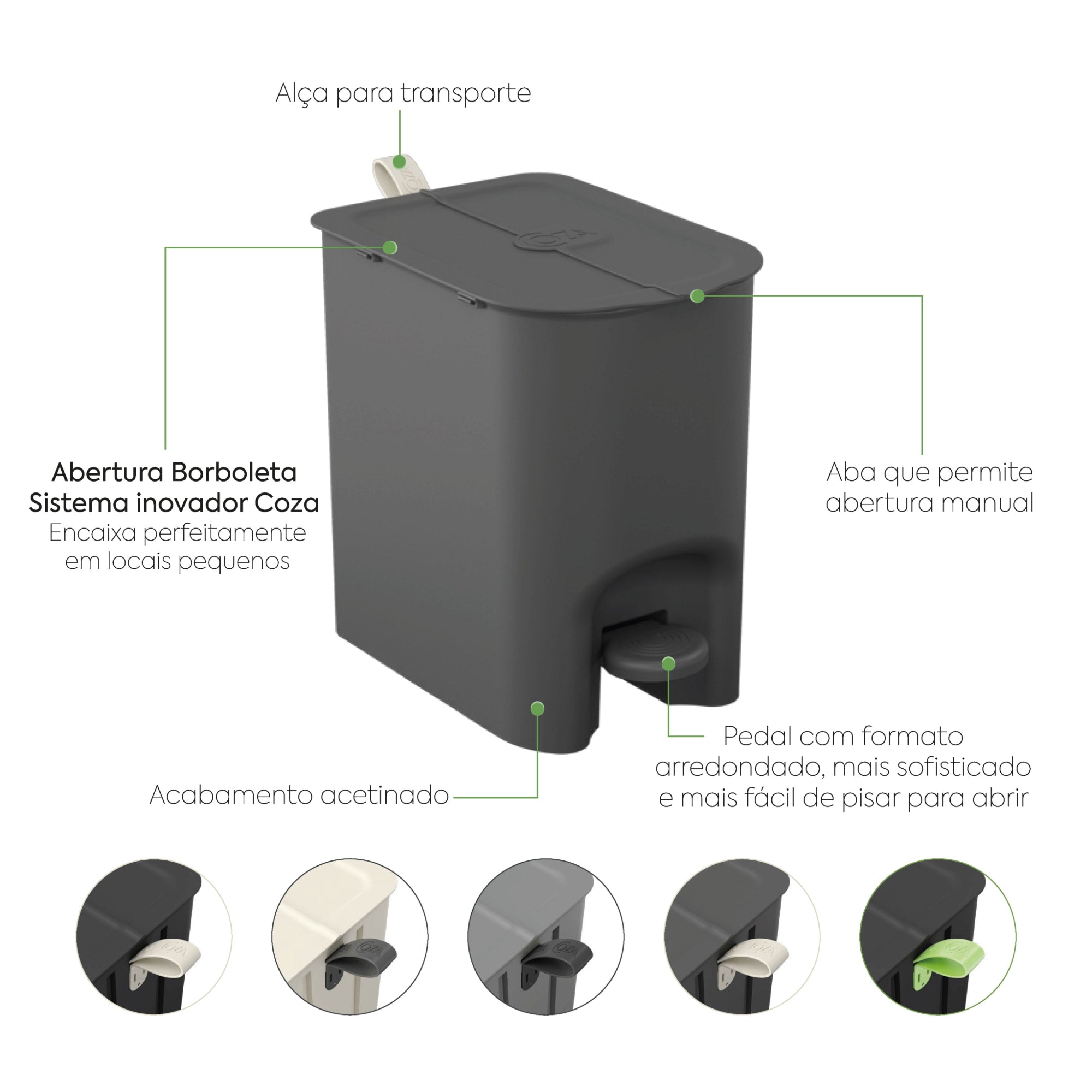 Basurero Borboleta con Pedal 6L Gris Grafito con Asa Coza®