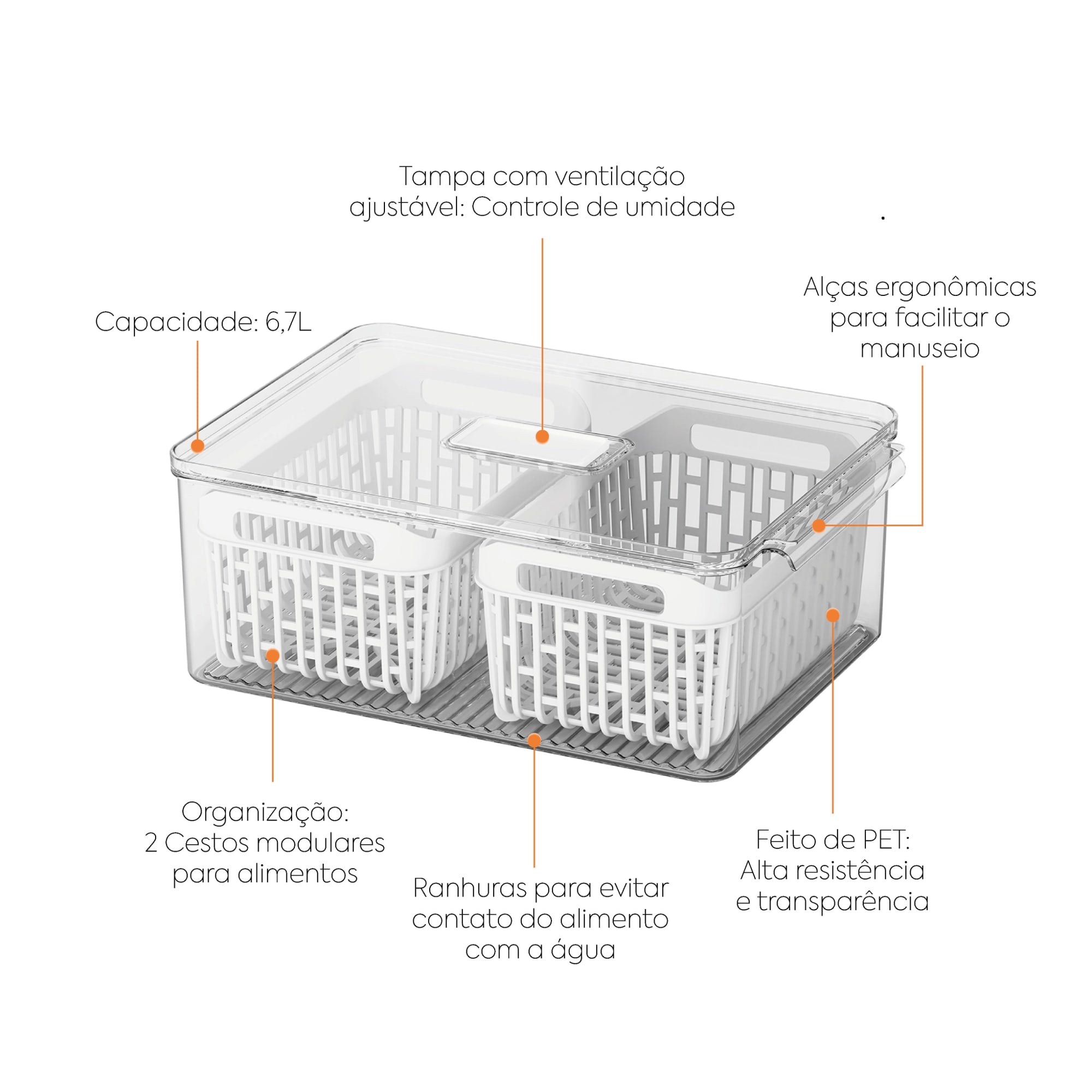 Organizador de Refrigerador con 2 Cestas 6,7 Litros Dry Cristal Coza®