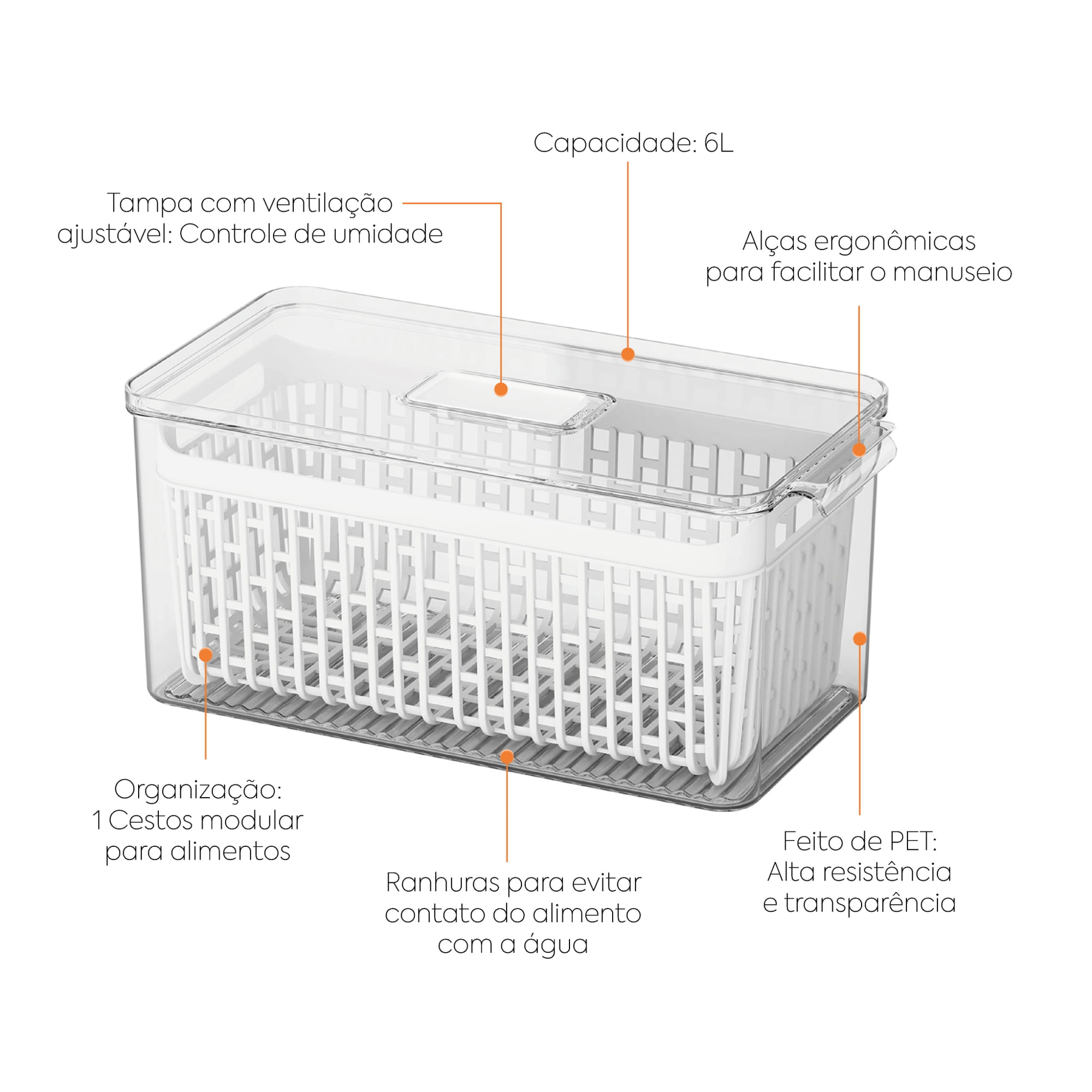 Organizador de Refrigerador con Cesta 6 Litros Dry Cristal Coza®