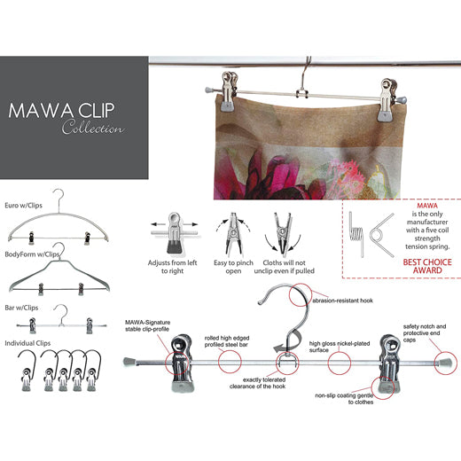 Set 10 colgadores de clip para pantalón y falda Mawa® Clip K 30 cm Silver